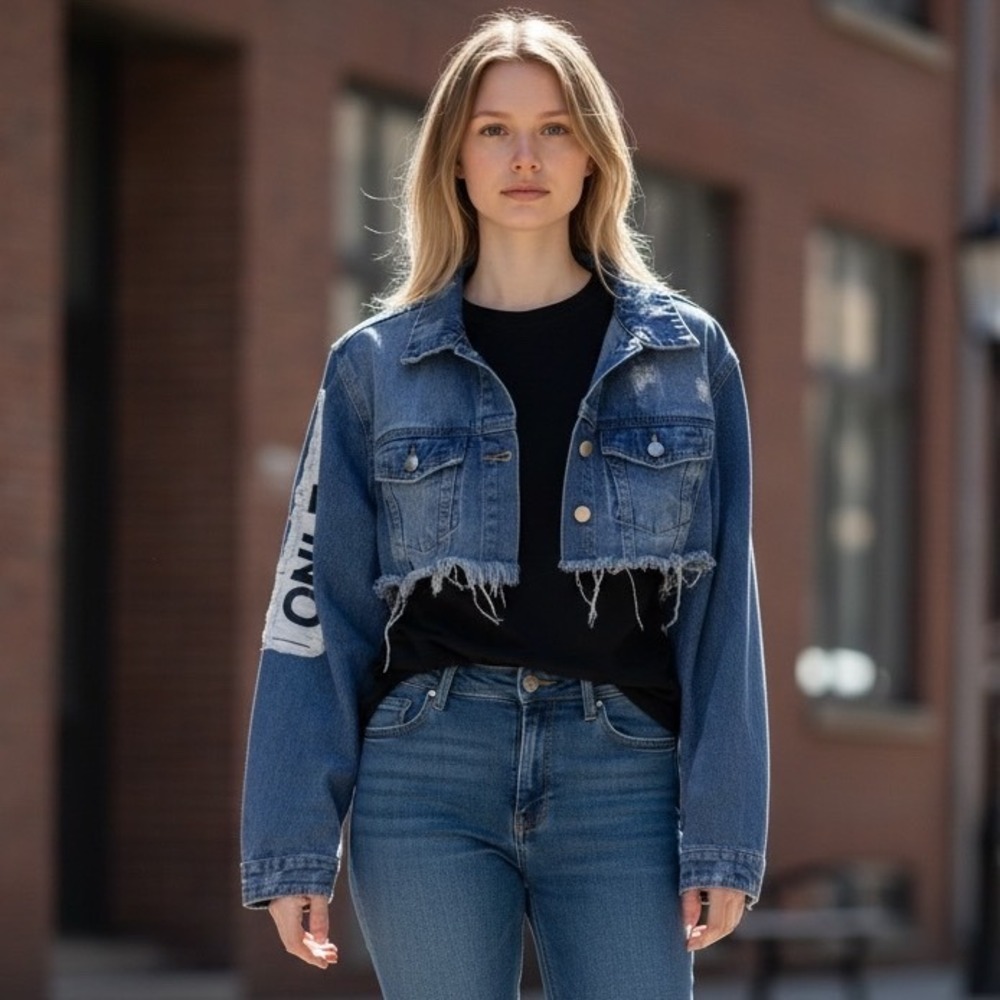 American Bazi Womens Cropped Denim Jacket Blue Distressed Fashion Tour Paris S